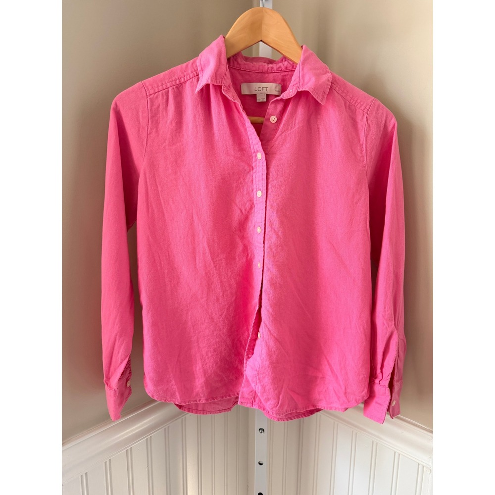 LOFT Petite Linen Blend Button Down Shirt Hot Pink XXS